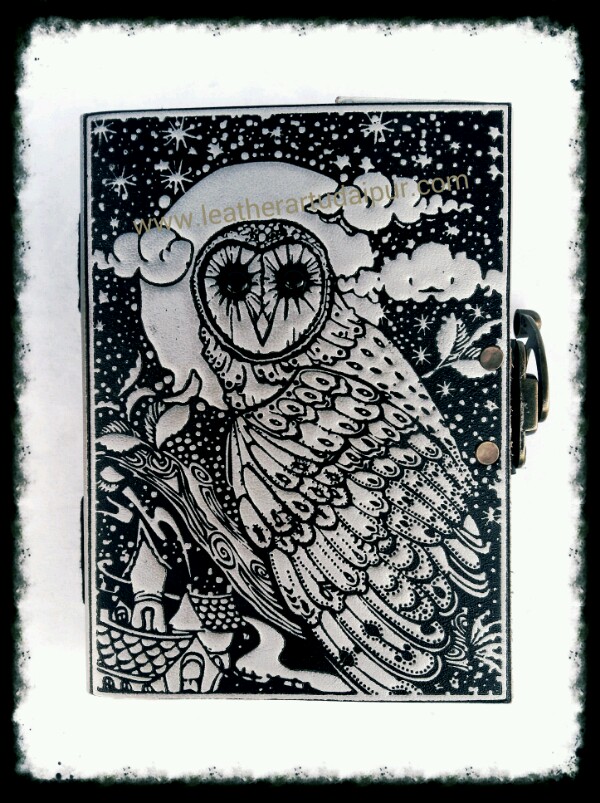 silver owl in night embossed leather journal : 